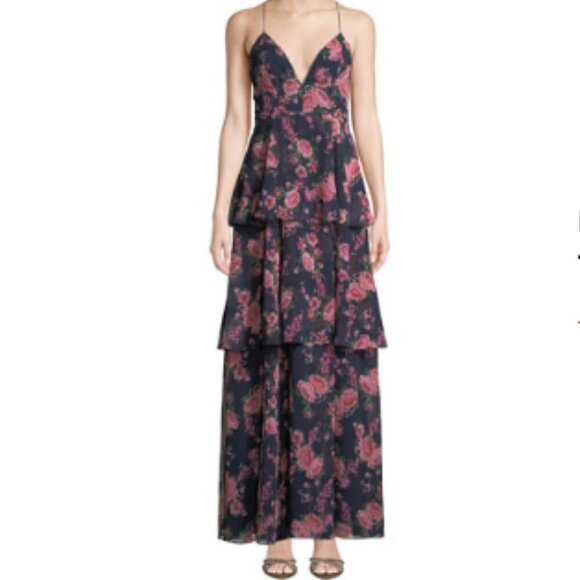Fame & Partners‎ Wyatt Floral Tiered Ruffle Dress in Navy sz 8 - Picture 1 of 6